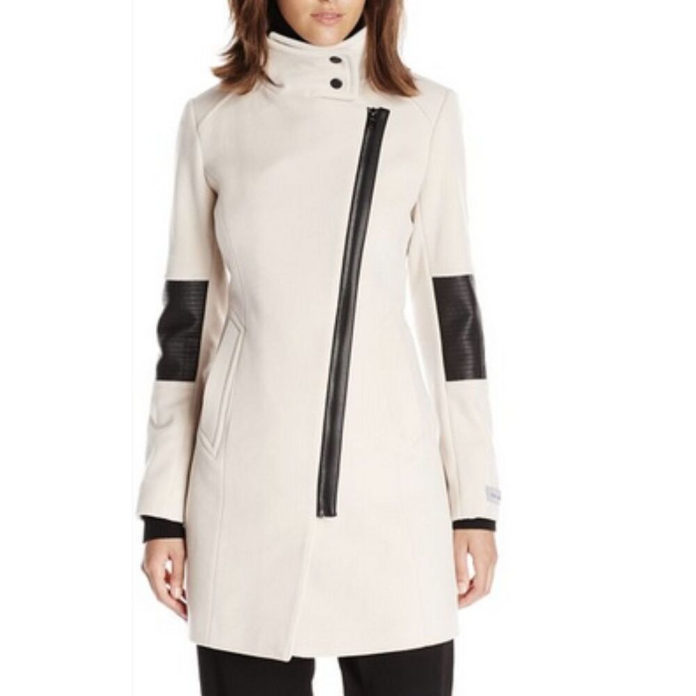 Andrew Marc NY Wool Cashmere Moto Zip Coat Beige Womens 2 Asymmetrical Luxe